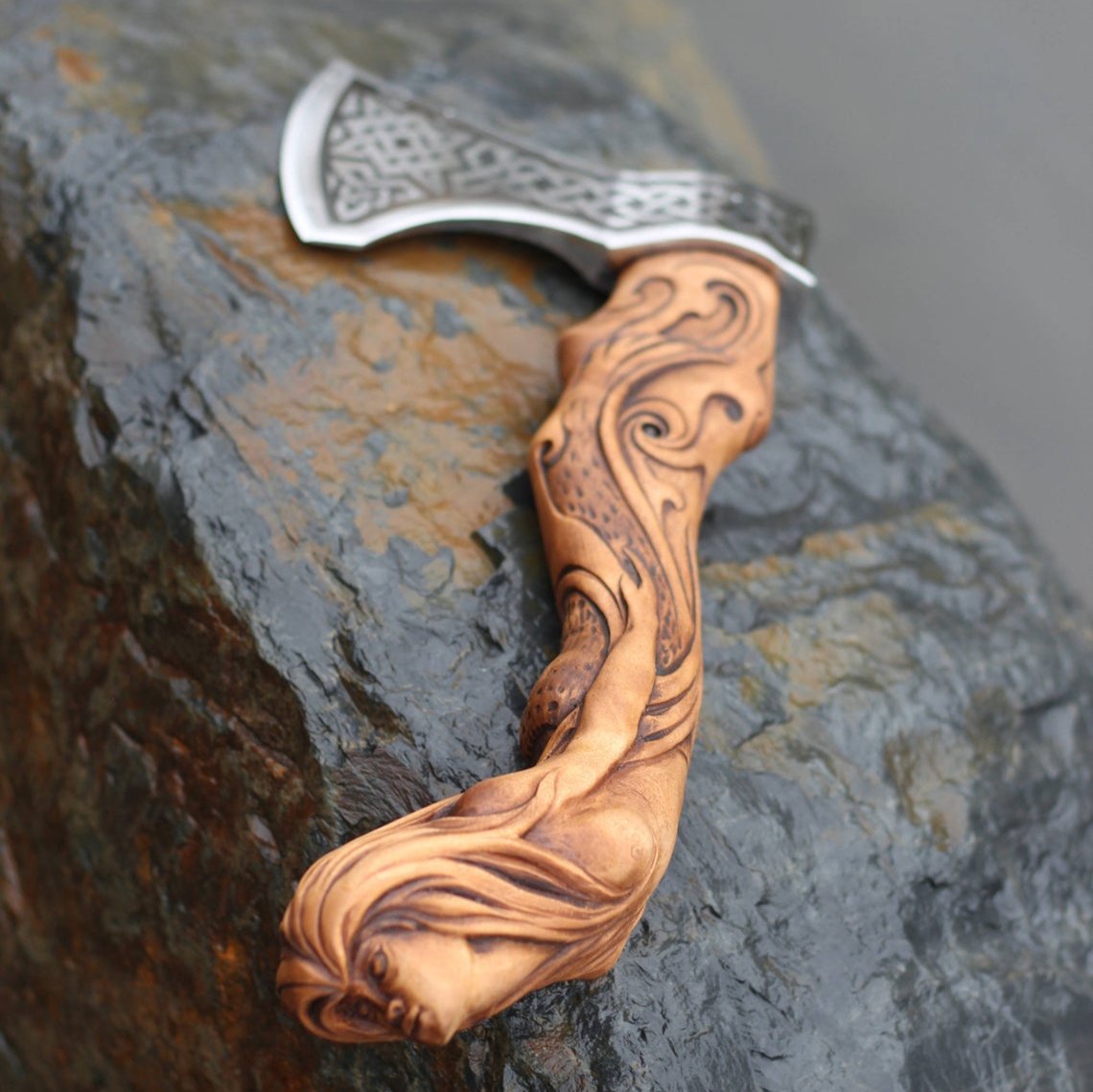 Custom Handmade Carbon Steel Viking Style Mermaid Handle Axe with Wooden Box