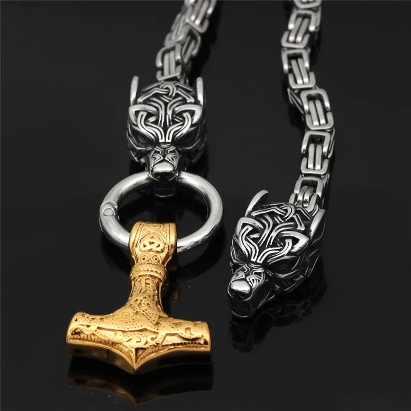 Geri and Freki Holding Mjölnir Kings Chain Necklace
