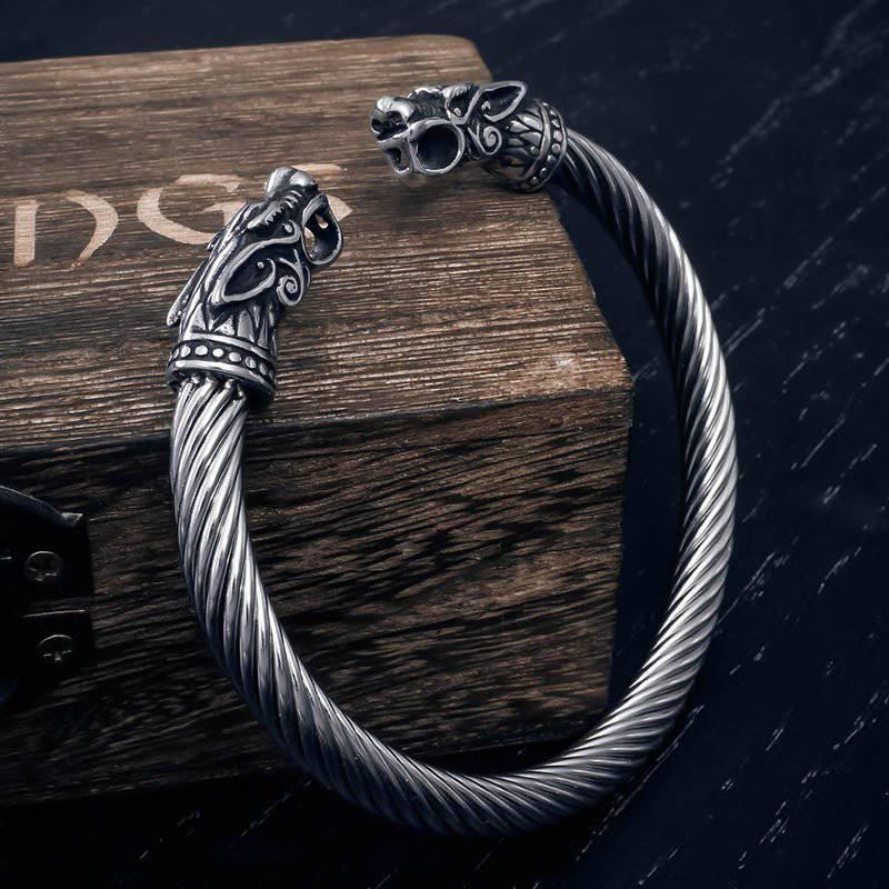 Geri and Freki Wolf Head Torc Bracelet
