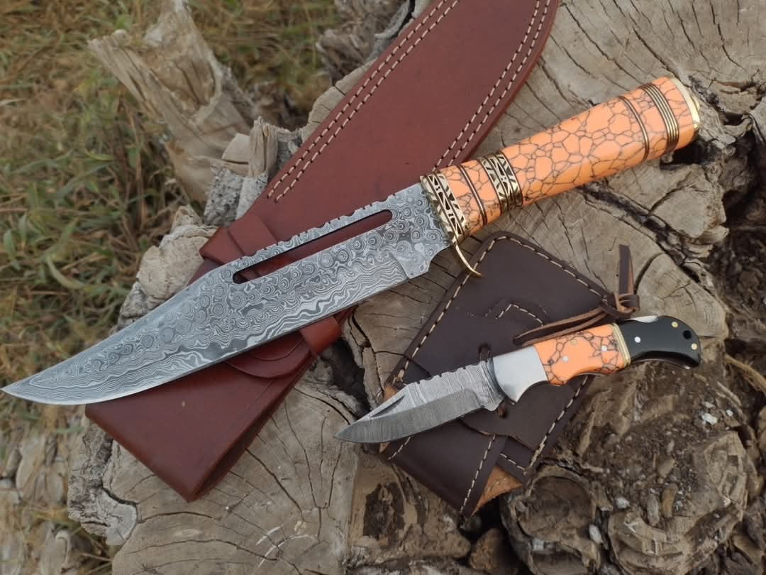 Orange Stone Damascus Bowie Knife
