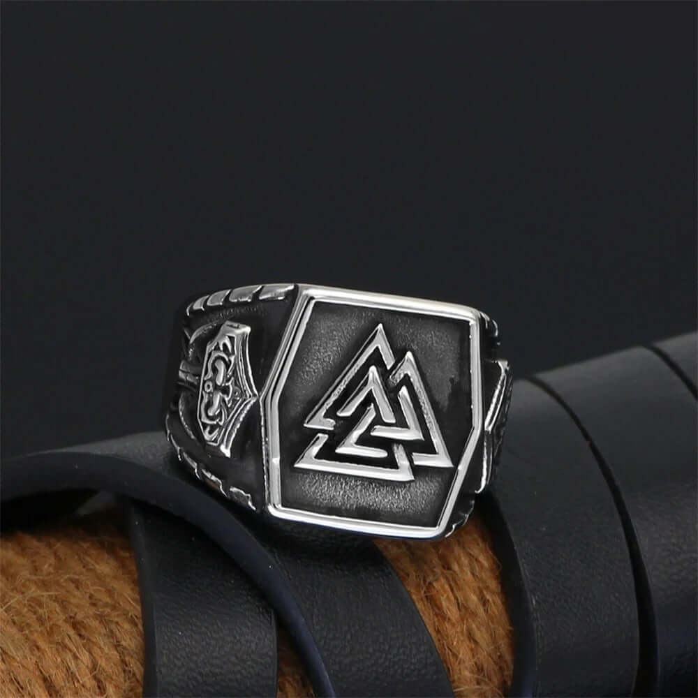 Steel Valknut and Mjölnir Ring