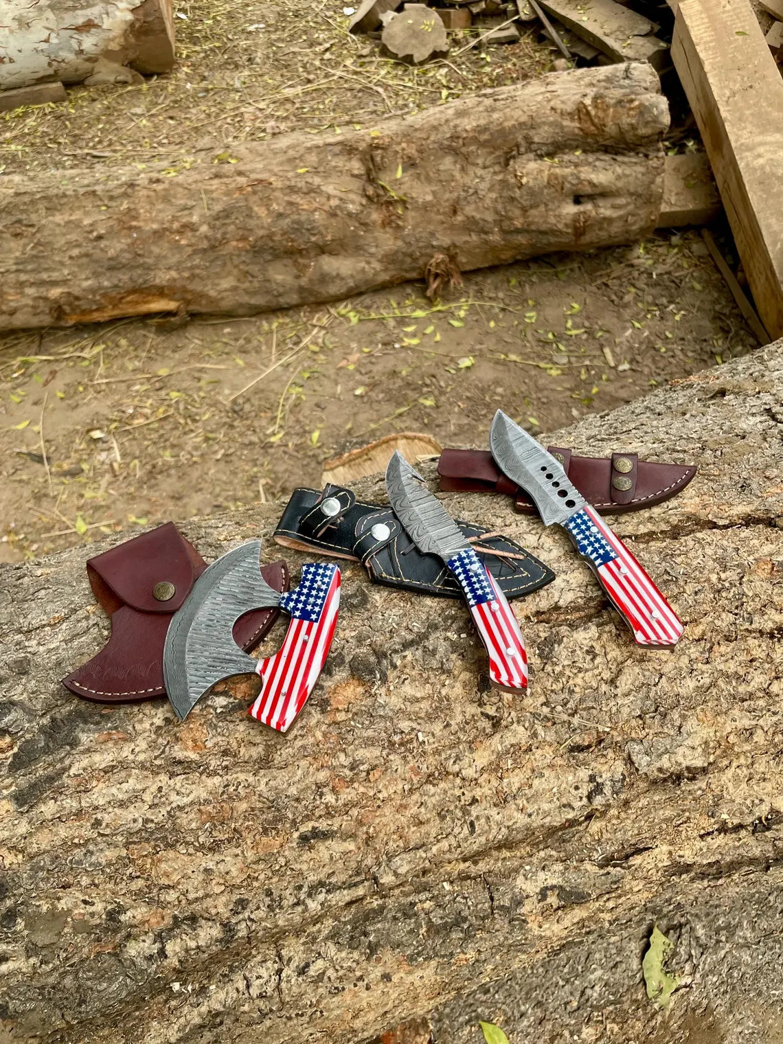 American Flag Damascus Knife & Pizza Cutter Set