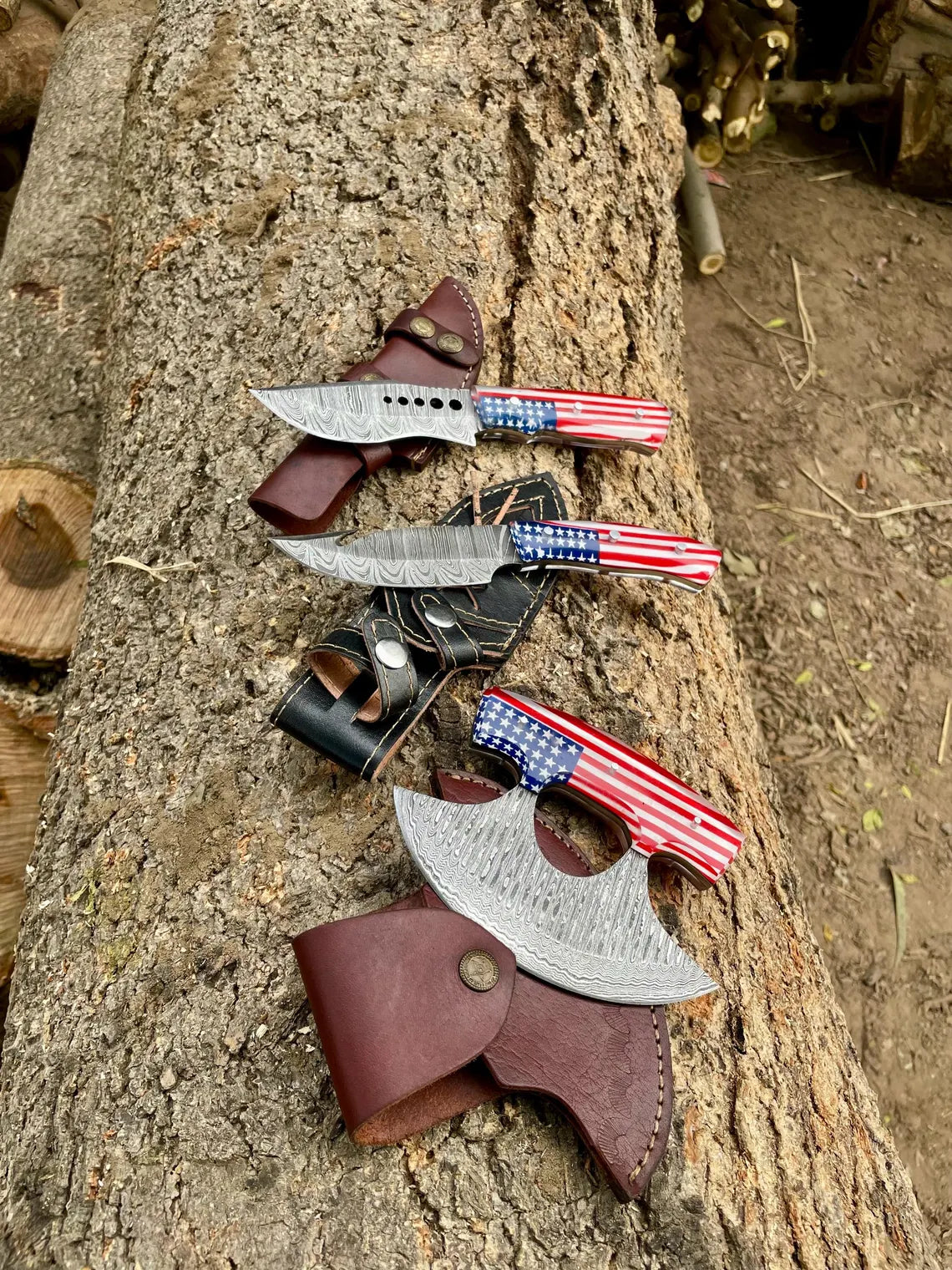 American Flag Damascus Knife & Pizza Cutter Set