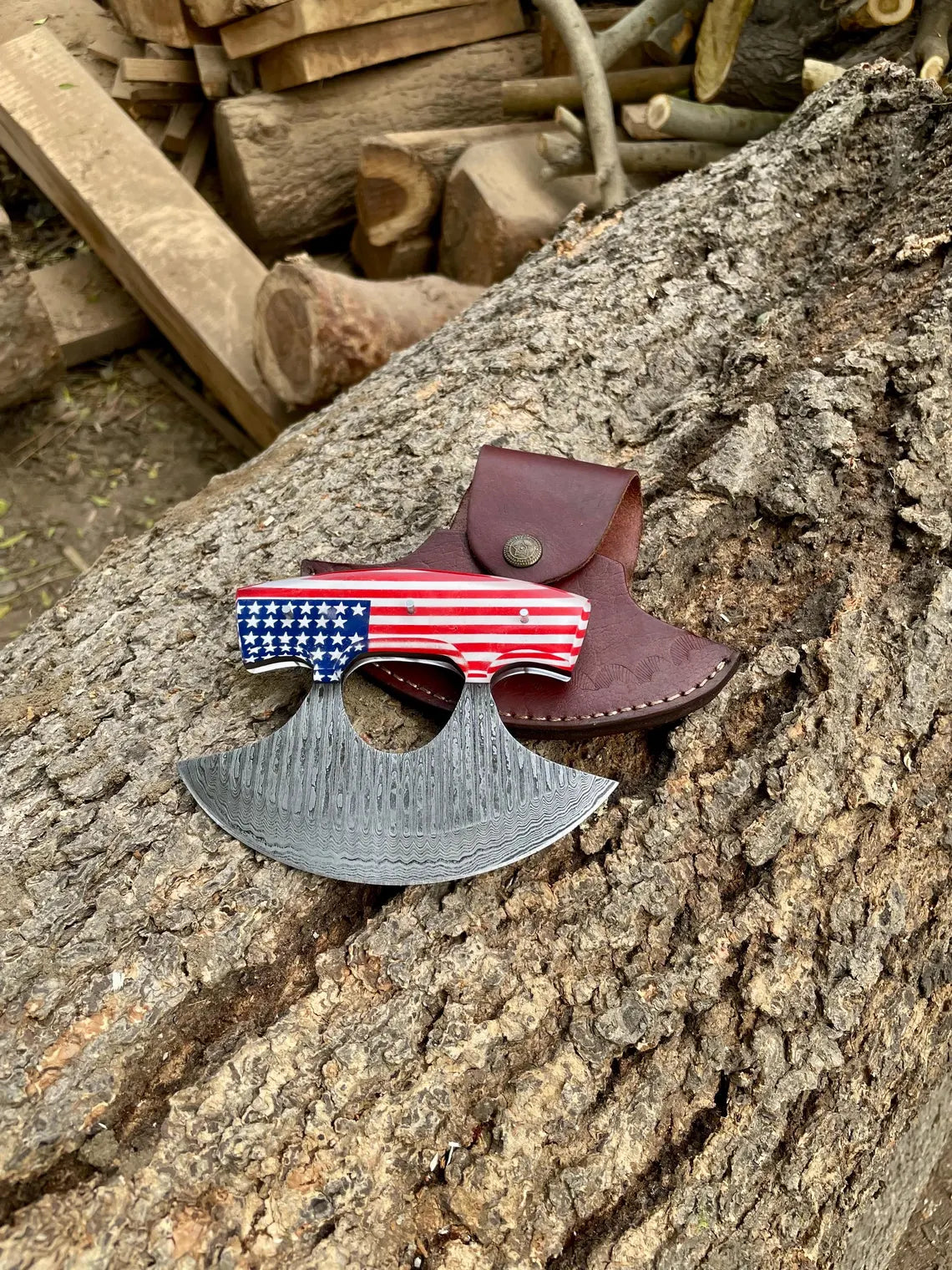 American Flag Damascus Knife & Pizza Cutter Set