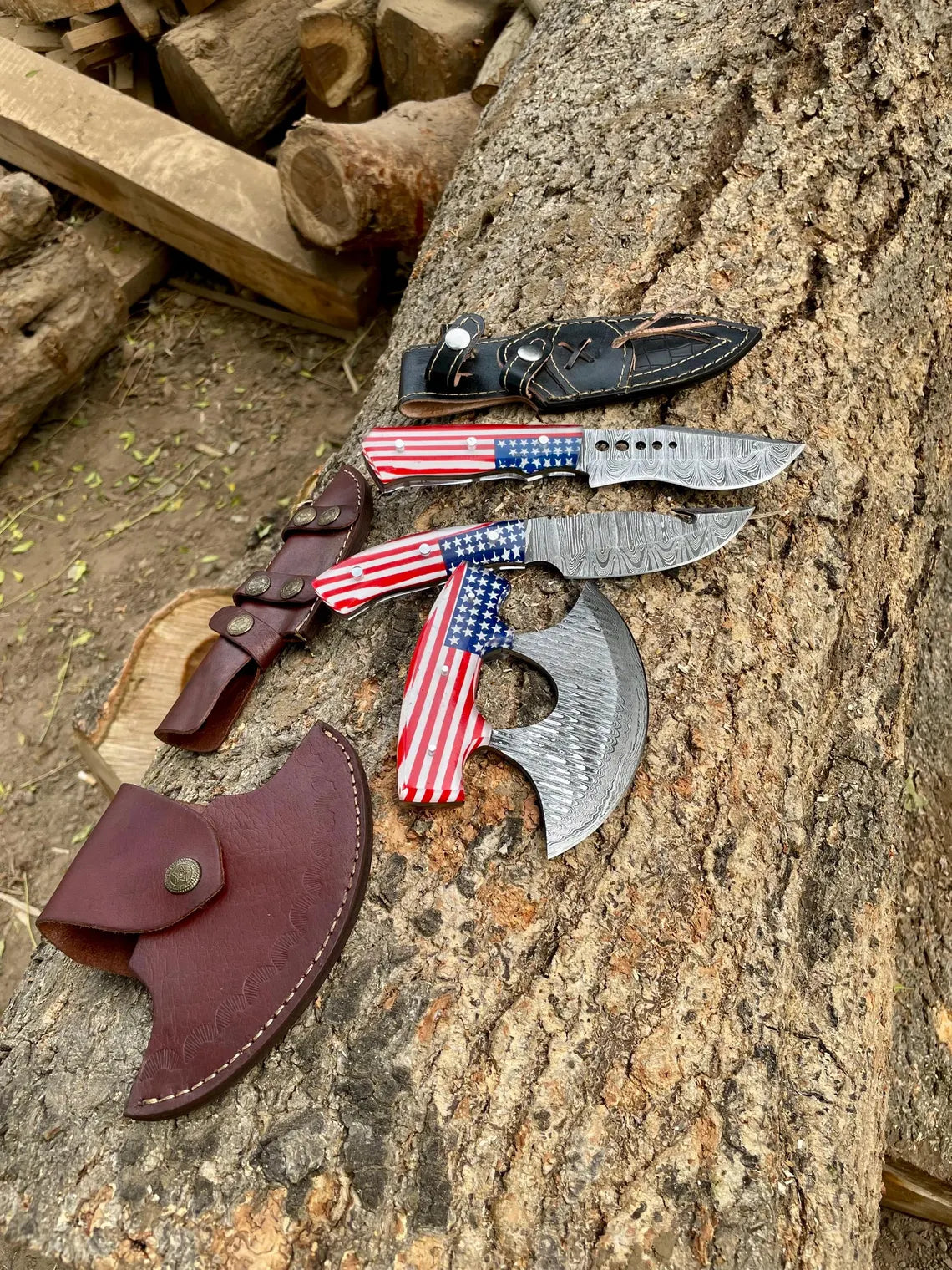 American Flag Damascus Knife & Pizza Cutter Set