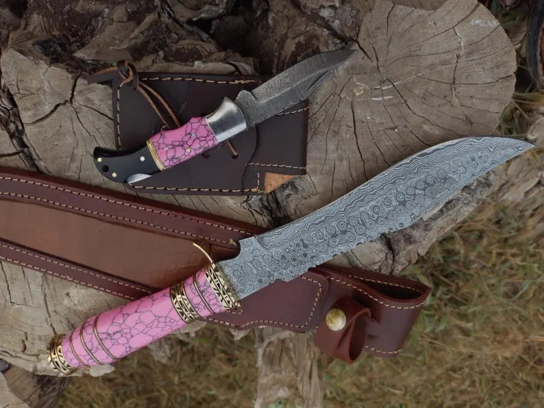 Pink Stone Damascus Bowie Knife