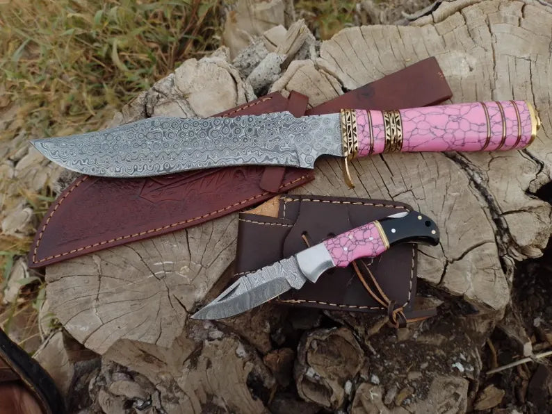 Pink Stone Damascus Bowie Knife