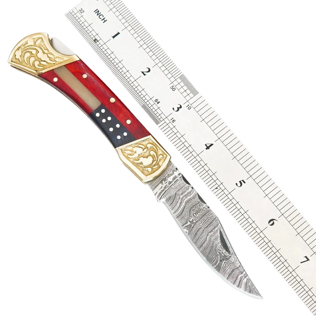 USA Flag 7" Damascus Folding Pocket Knife