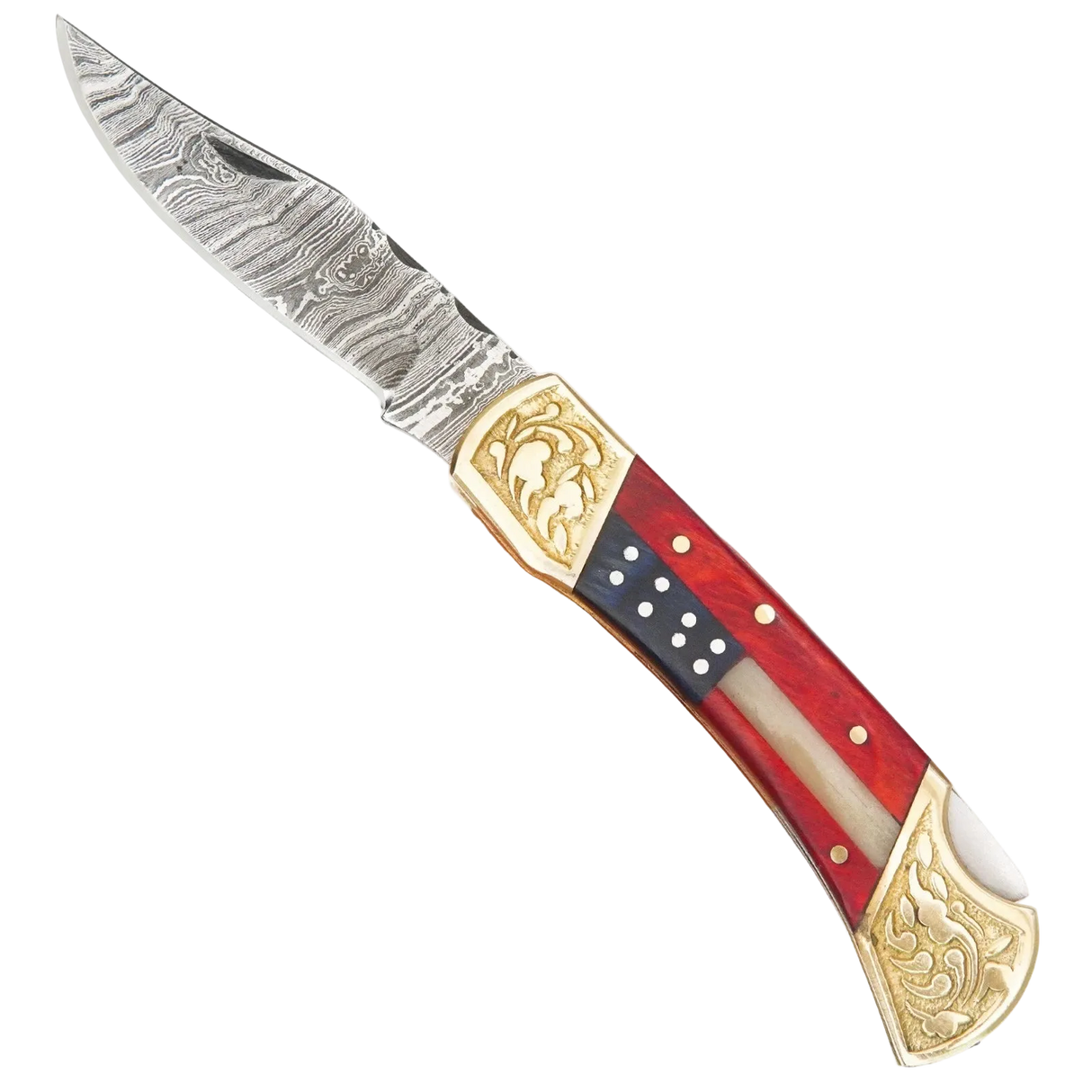 USA Flag 7" Damascus Folding Pocket Knife