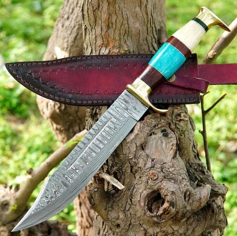 Lander Turquoise Damascus Hunting Bowie Knife