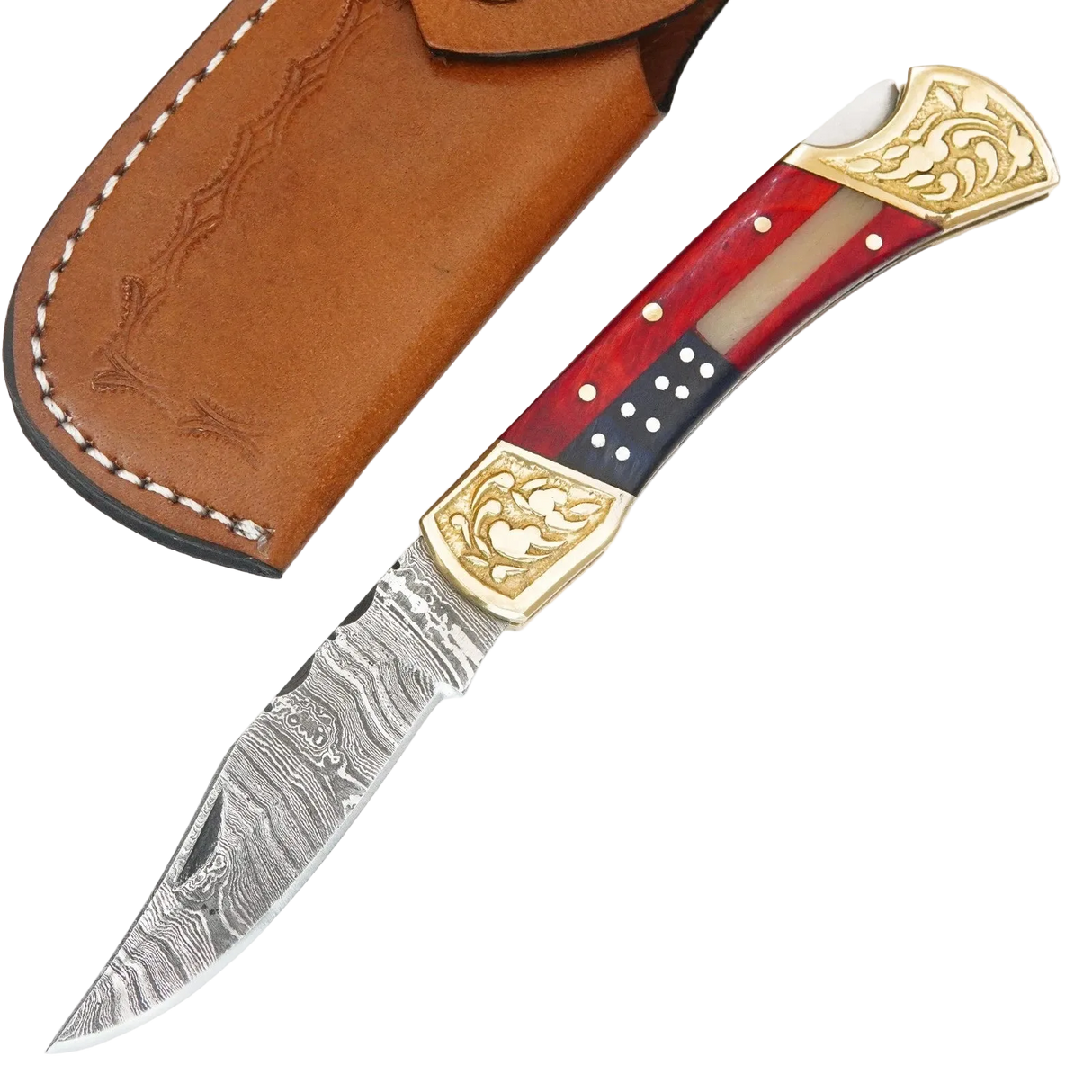 USA Flag 7" Damascus Folding Pocket Knife
