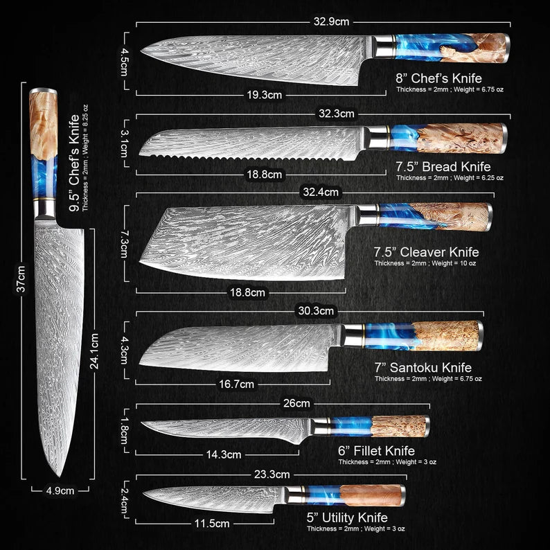 Blue Resin & Wooden Handle 7pcs Chef Knife Set