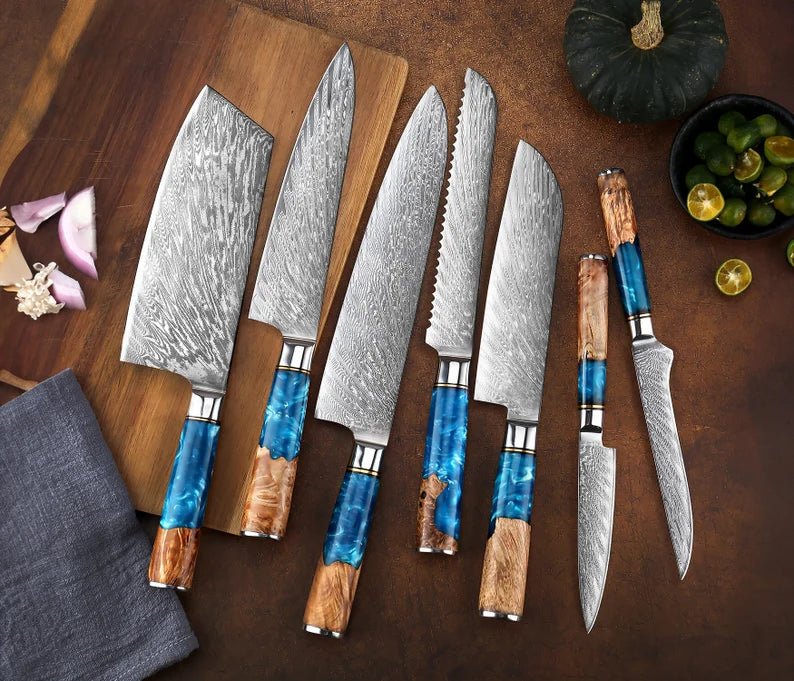 Blue Resin & Wooden Handle 7pcs Chef Knife Set