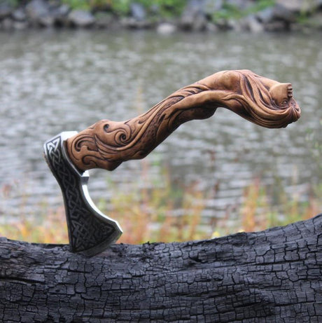 Custom Handmade Carbon Steel Viking Style Mermaid Handle Axe with Wooden Box