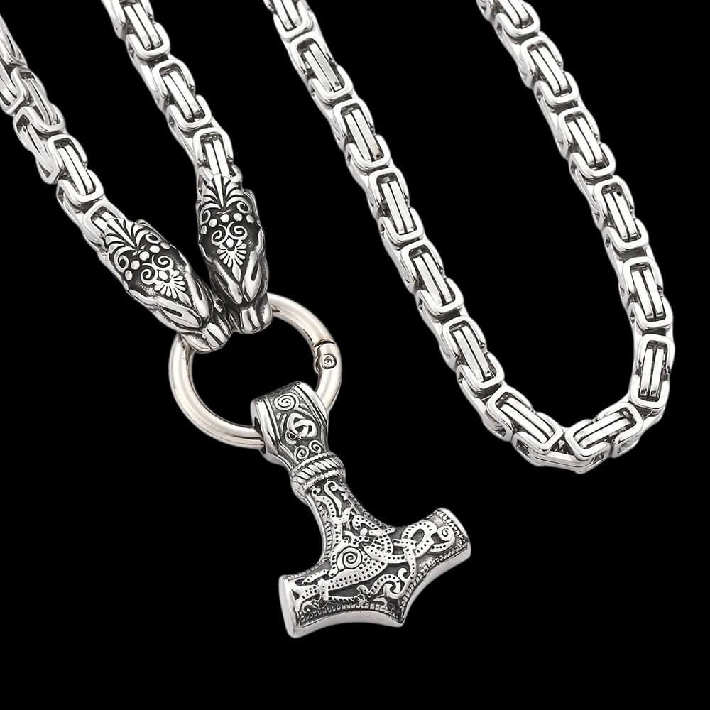 Dragons Holding Mjölnir King Chain Necklace