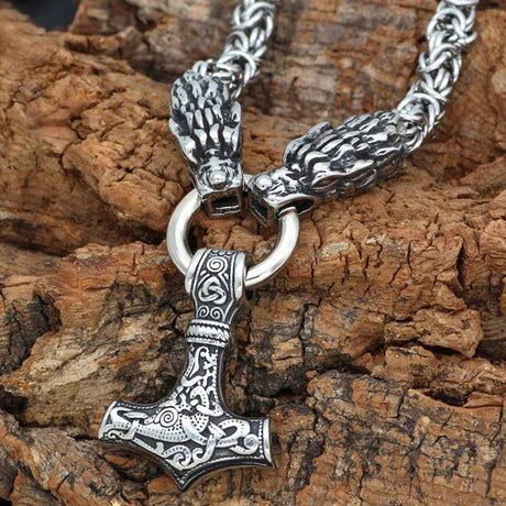 Dragons Holding Mjölnir King Chain Necklace-Tales of Valhalla