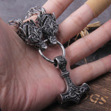 Geri and Freki Holding Mjölnir Kings Chain Necklace