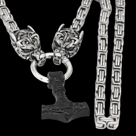 Geri and Freki Holding Mjölnir Kings Chain Necklace-Tales of Valhalla