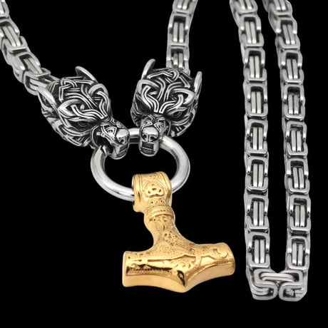 Geri and Freki Holding Mjölnir Kings Chain Necklace-Tales of Valhalla