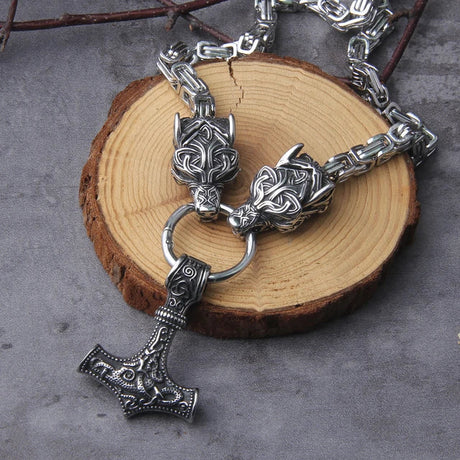 Geri and Freki Holding Mjölnir Kings Chain Necklace-Tales of Valhalla