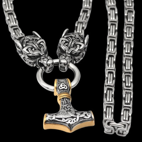 Geri and Freki Holding Mjölnir Kings Chain Necklace-Tales of Valhalla