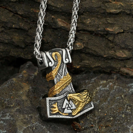 Jörmungandr Surrounding Mjölnir Necklace-Tales of Valhalla