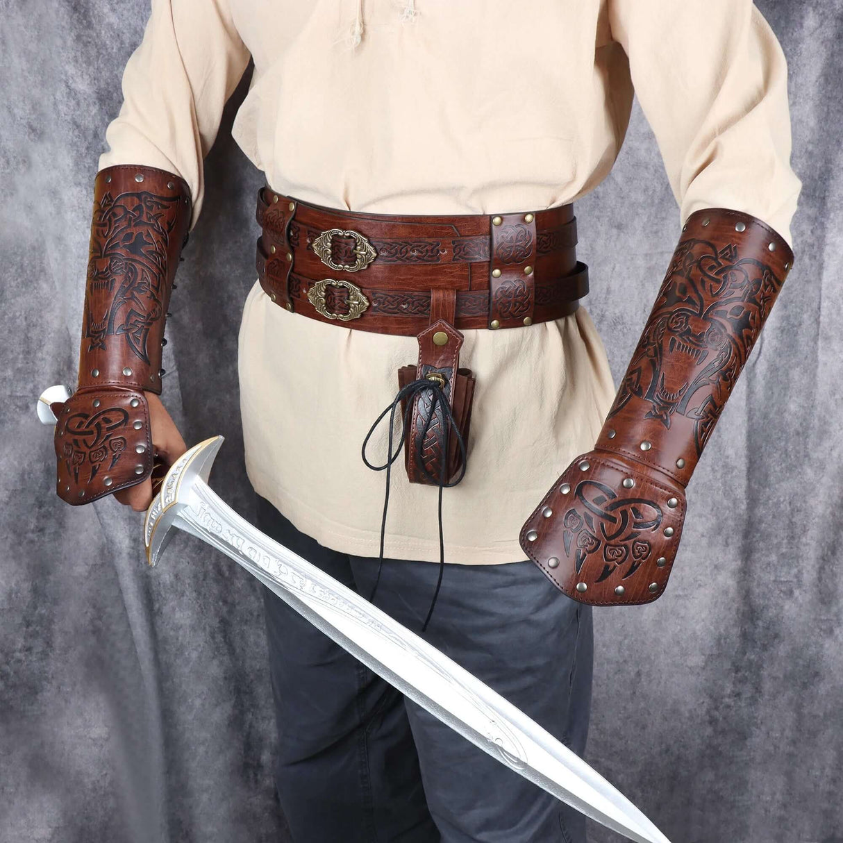 Leather Arm Gauntlets Wolf Belt Kit