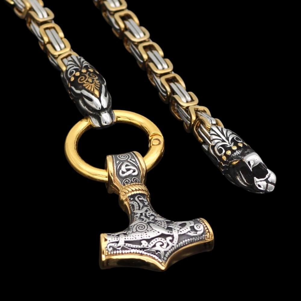 Dragons Holding Mjölnir King Chain Necklace