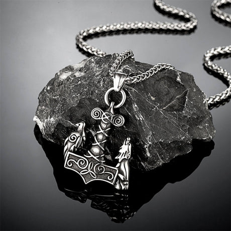 Odin's Raven and Wolf on Mjölnir Necklace-Tales of Valhalla