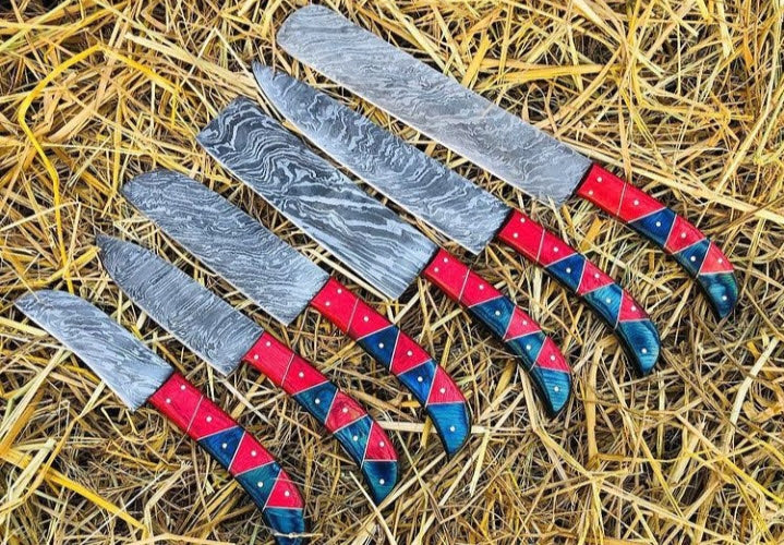 Red Mosaic Damascus 6pcs Chef Knife Set