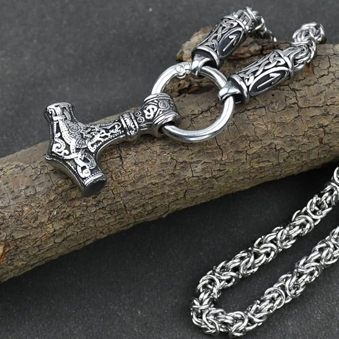 Runes and Mjölnir Byzantine Chain Necklace