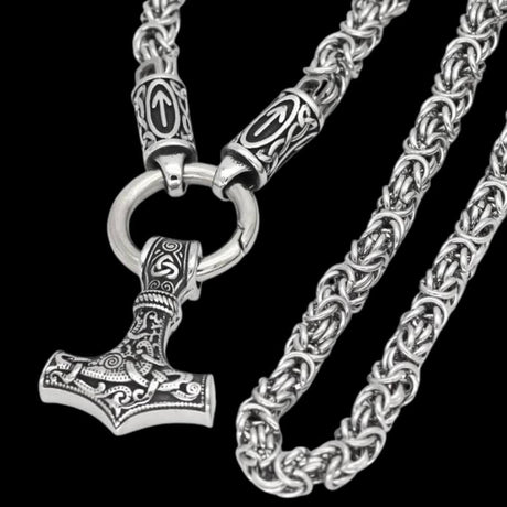 Runes and Mjölnir Byzantine Chain Necklace-Tales of Valhalla