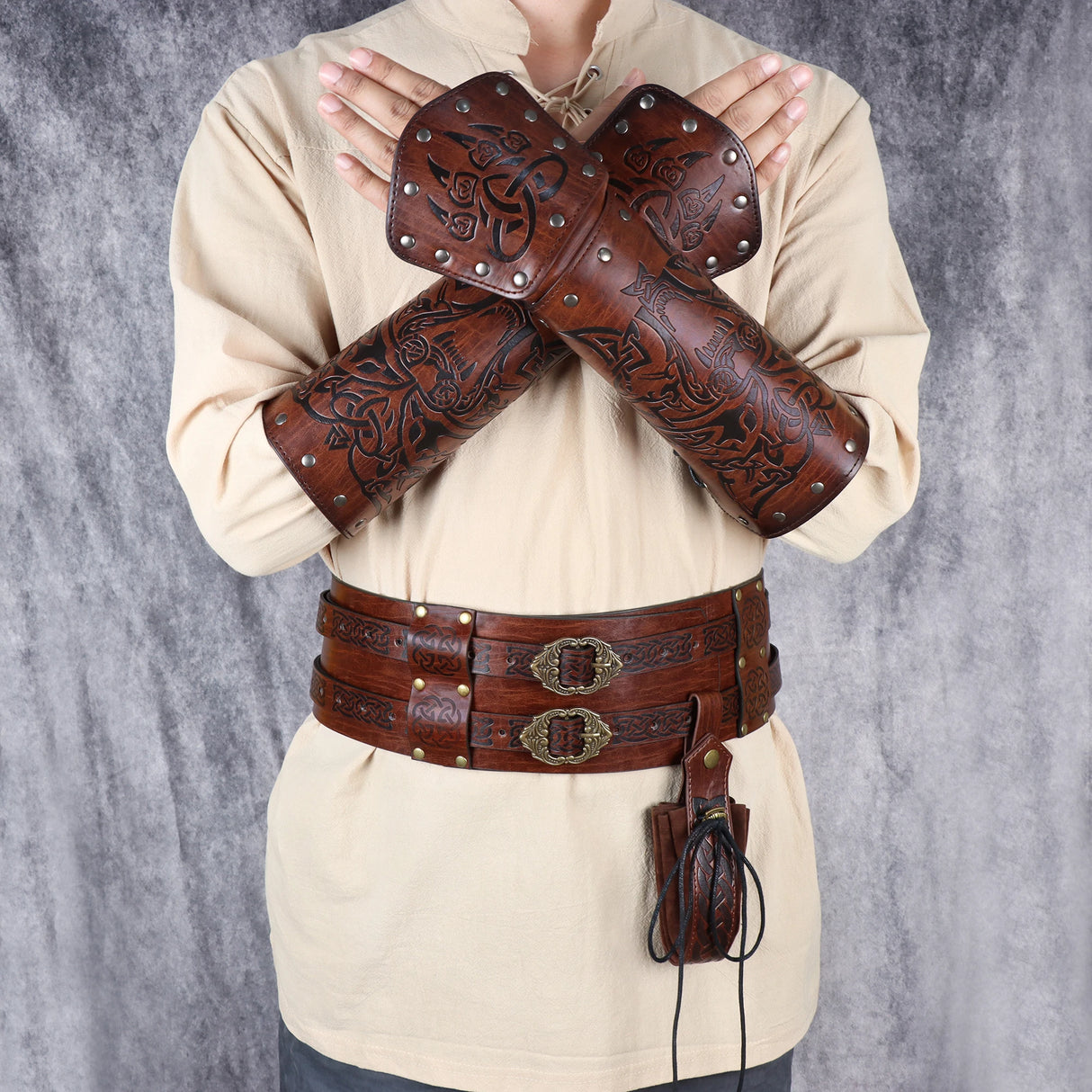 Leather Arm Gauntlets Wolf Belt Set