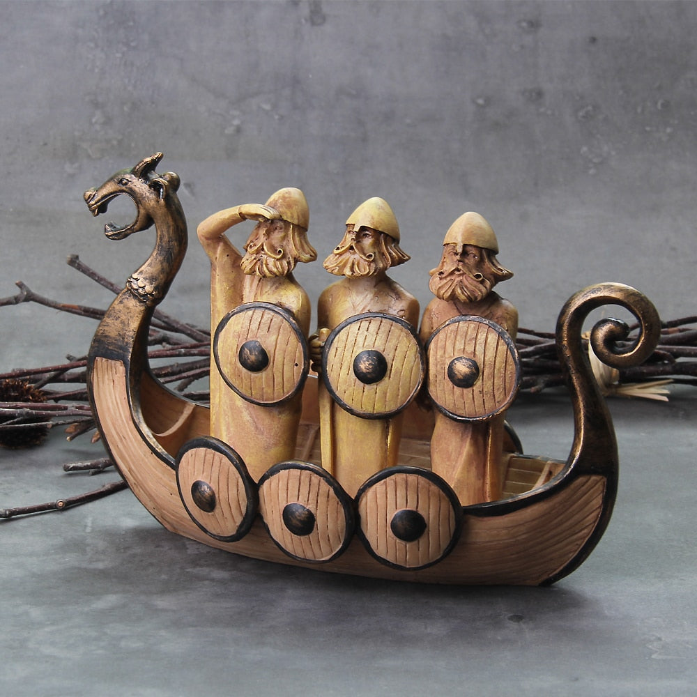 Hand-Carved Sailing Warriors Viking Boat Decoration | Unique