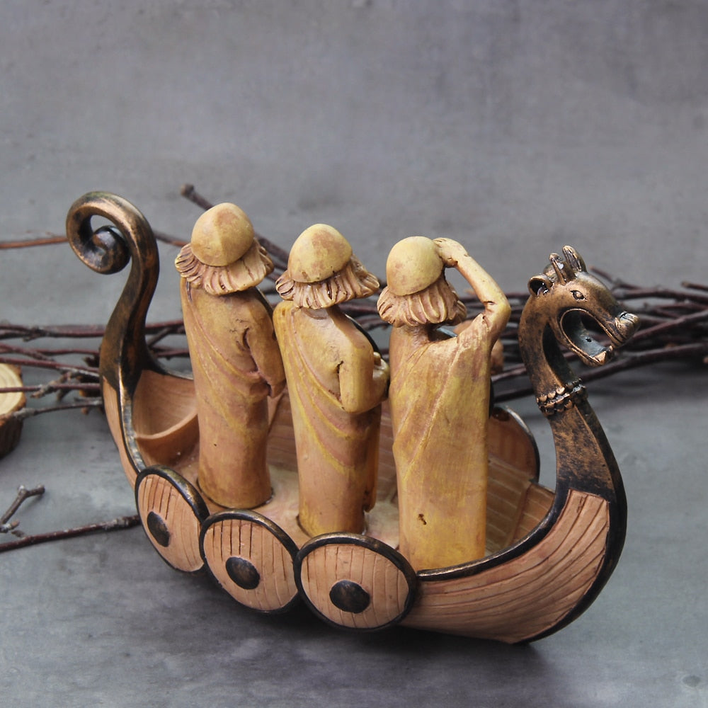 Hand-Carved Sailing Warriors Viking Boat Decoration | Unique