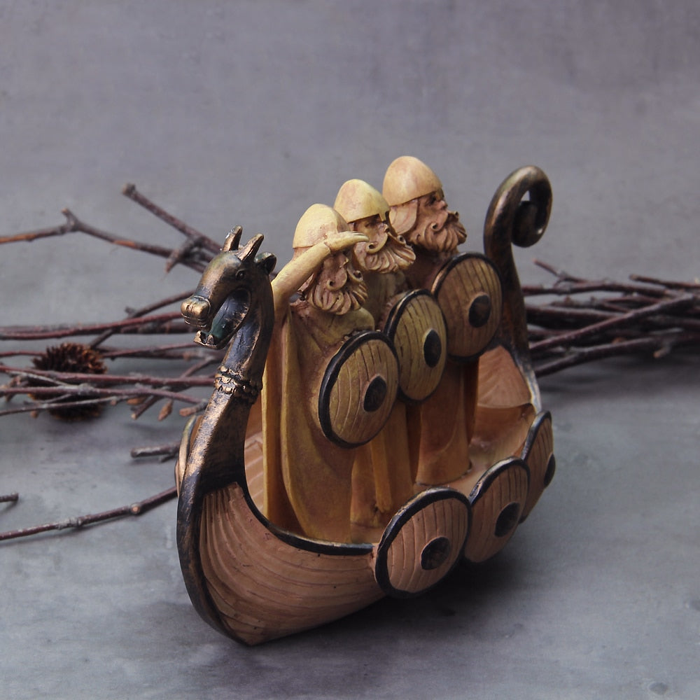 Hand-Carved Sailing Warriors Viking Boat Decoration | Unique