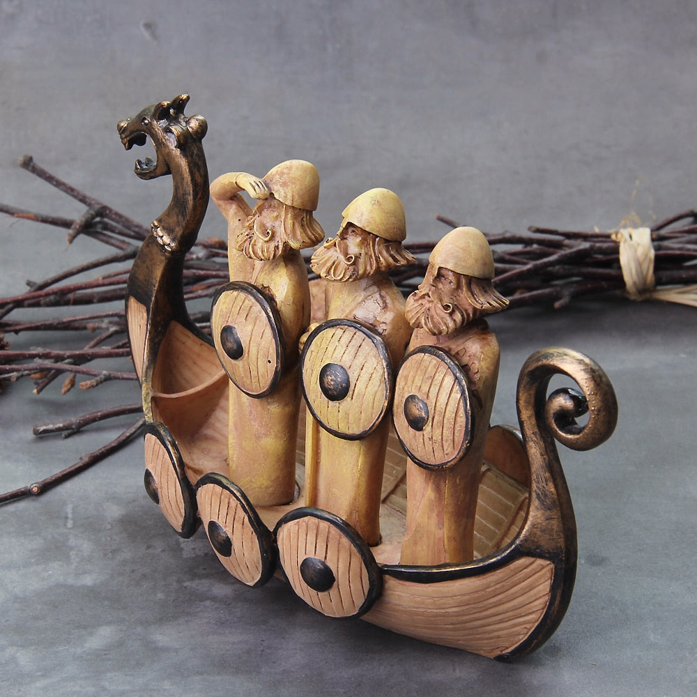 Hand-Carved Sailing Warriors Viking Boat Decoration | Unique