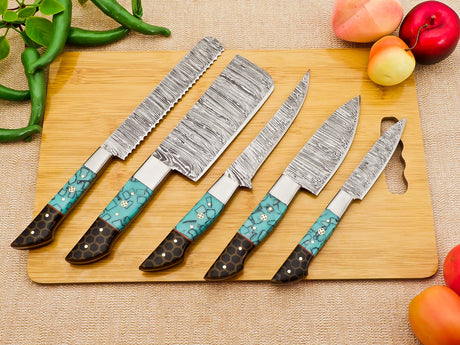 Turquoise Mosaic Damascus 5pcs Chef Knife Set