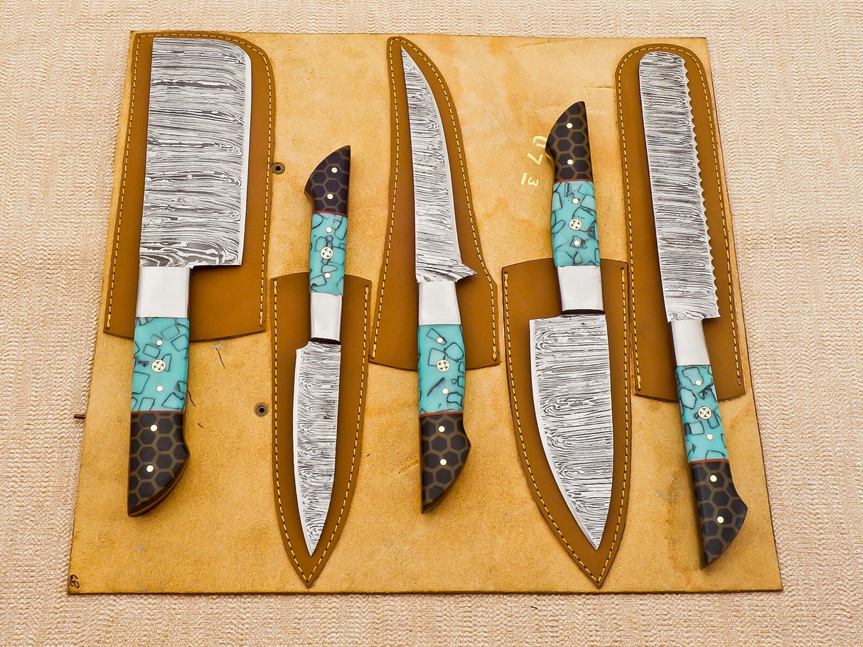 Turquoise Mosaic Damascus 5pcs Chef Knife Set