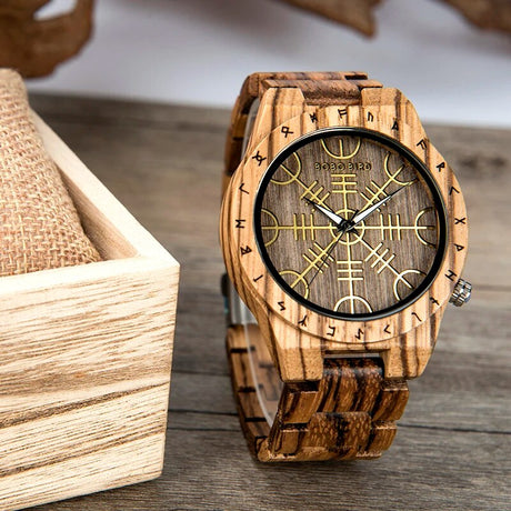 Wooden Viking Watch With Helm Of Awe Design-Tales of Valhalla