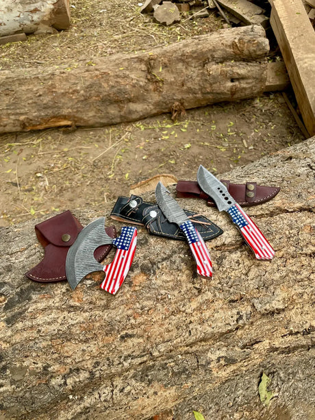 American Flag Damascus Knife & Pizza Cutter Set