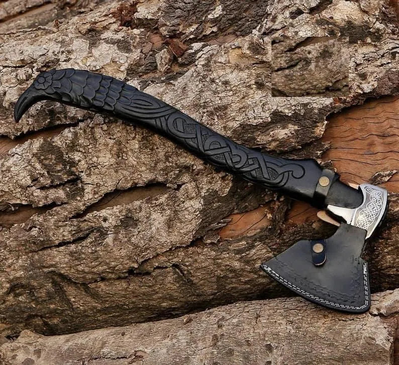 Black Carved Raven Axe