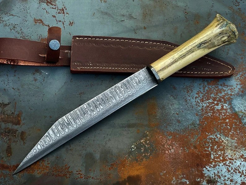 Camel Bone Damascus Seax – Handmade Viking Knife with Ladder