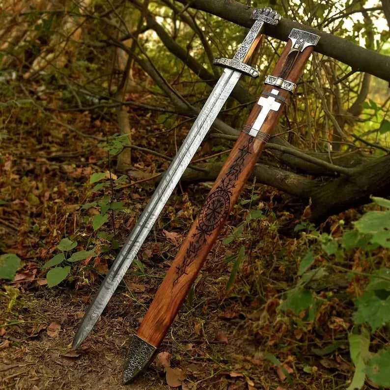 Medieval Viking Longsword With Scabbard – 45.5" Overall, EN45 Spring Steel Blade, Leather-Wrapped Grip, Decorative Battle Ready Sword
