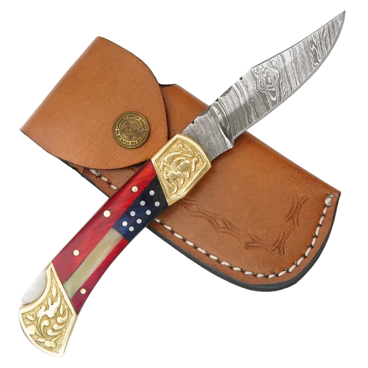 USA Flag  7" Damascus Folding Pocket Knife