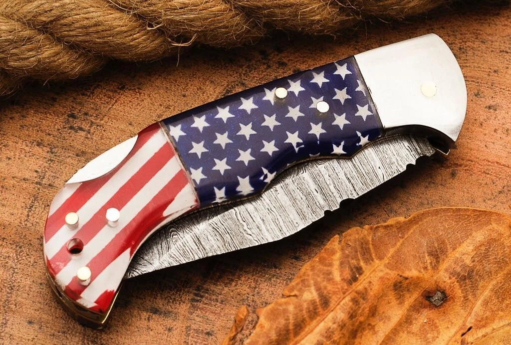 American Flag Damascus Steel Pocket knife