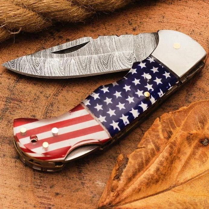 American Flag Damascus Steel Pocket knife