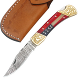 USA Flag  7" Damascus Folding Pocket Knife